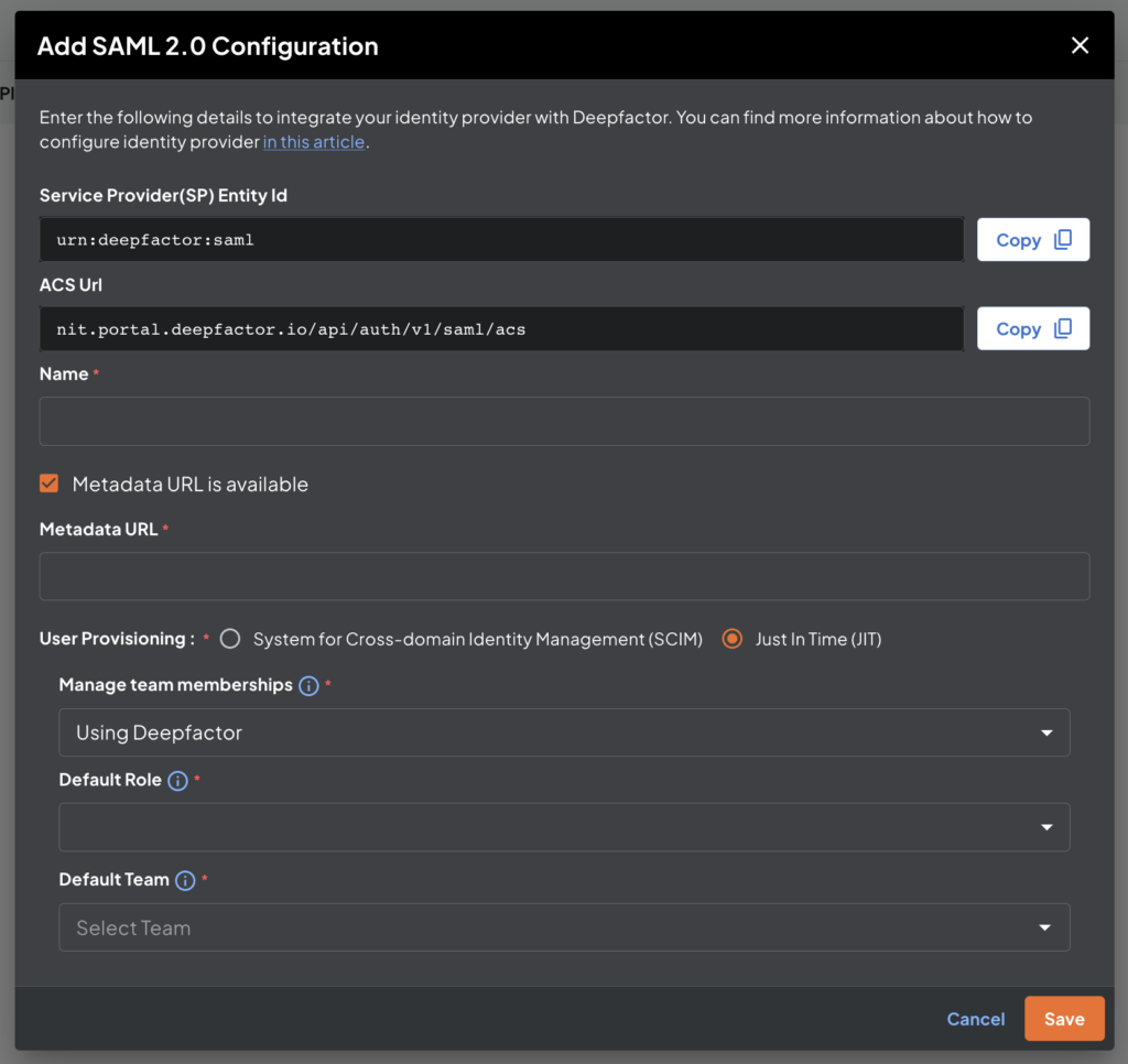 SAML integration form